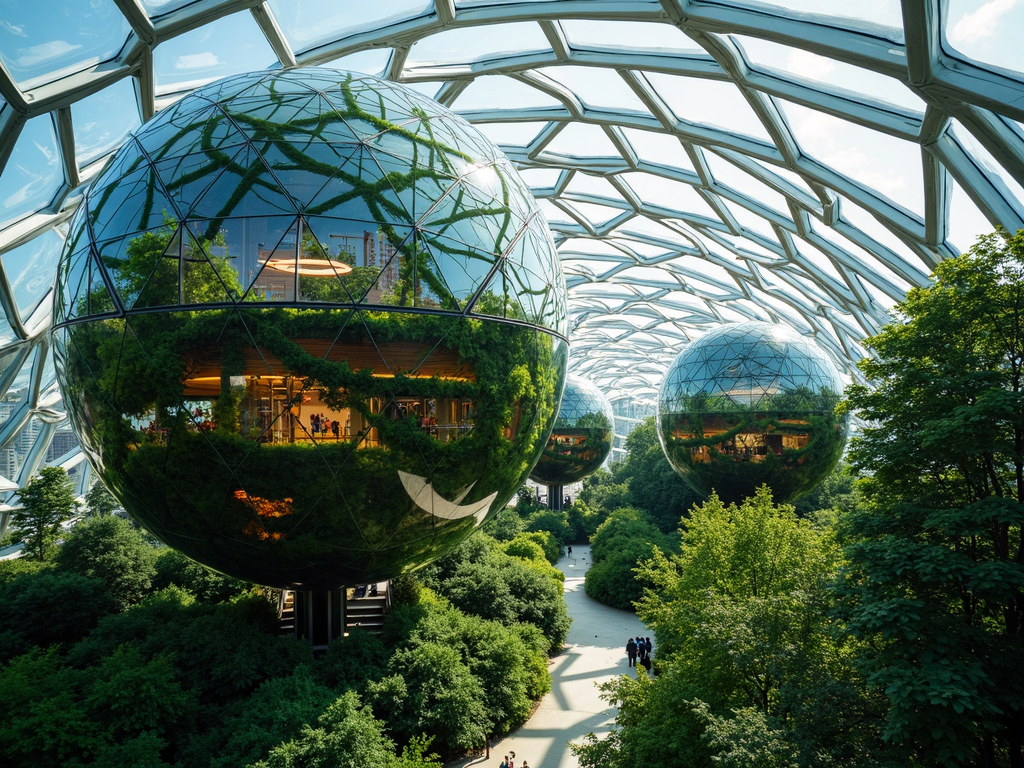 Die Amazon Spheres in Seattle, kugelförmige Gebäude mit viel Grün innen.