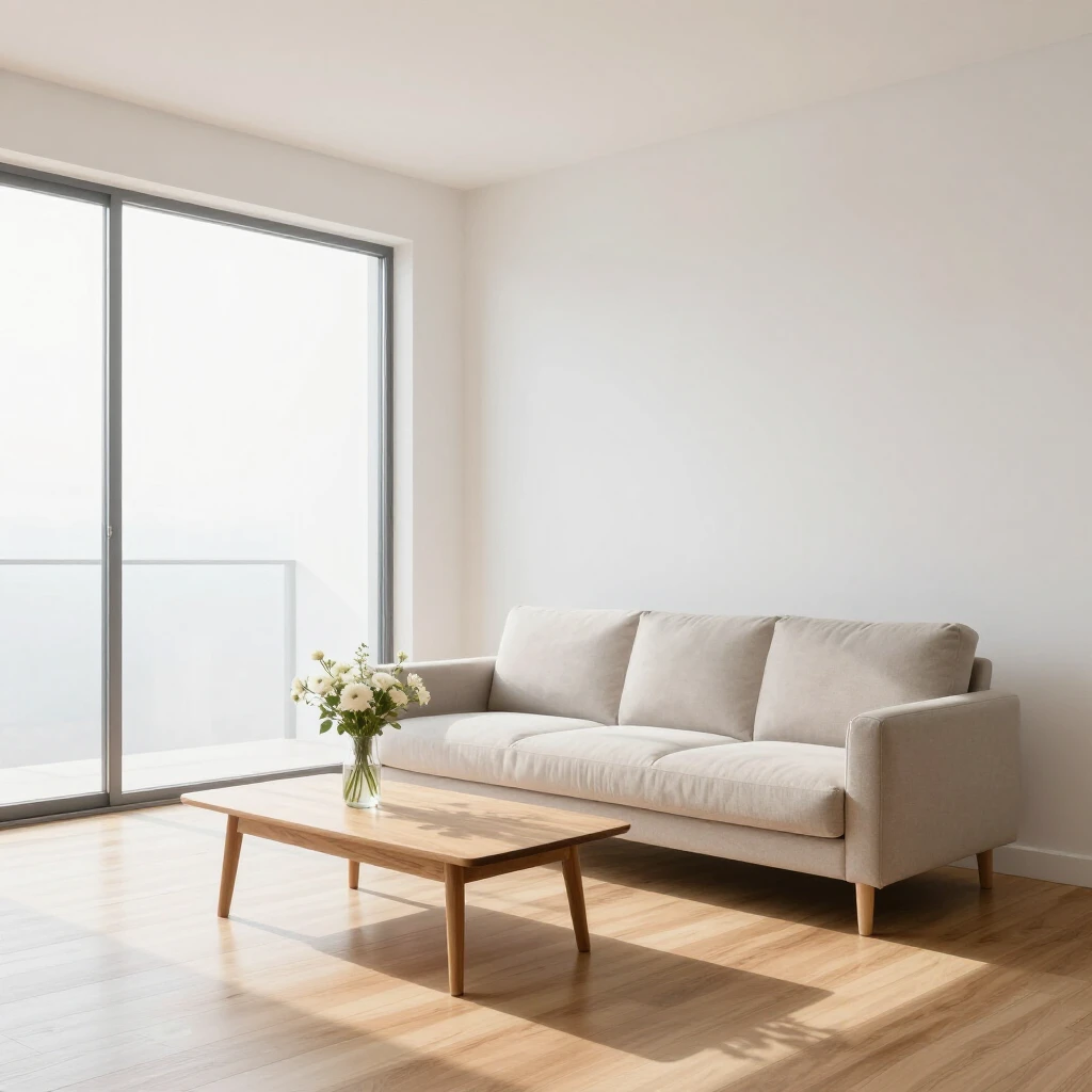 Ruhiges minimalistisches Wohnzimmer mit natürlichem Licht