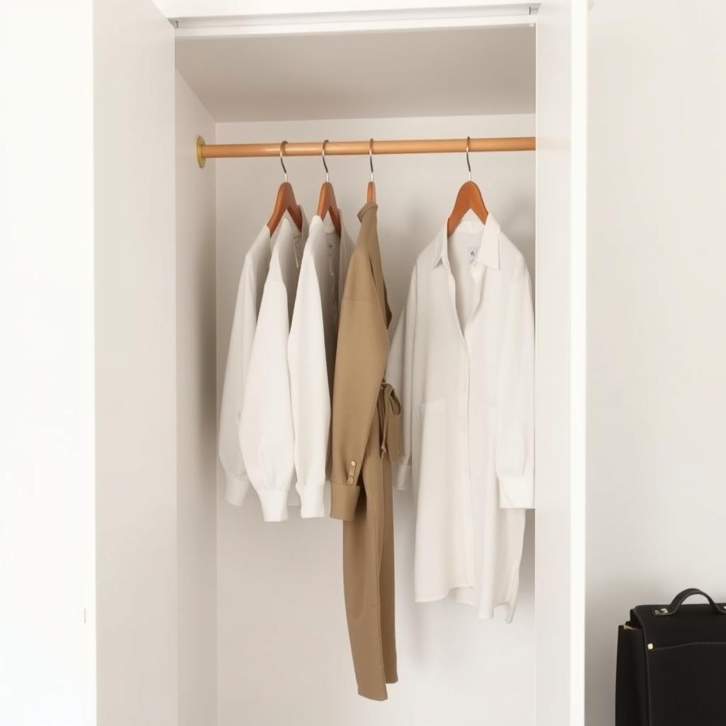 Ein minimalistischer Kleiderschrank mit einer kleinen Auswahl hochwertiger Kleidung auf Holzbügeln in neutralen Farben.