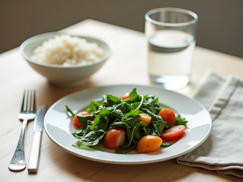Einfache Mahlzeit mit Gemüse und Reis