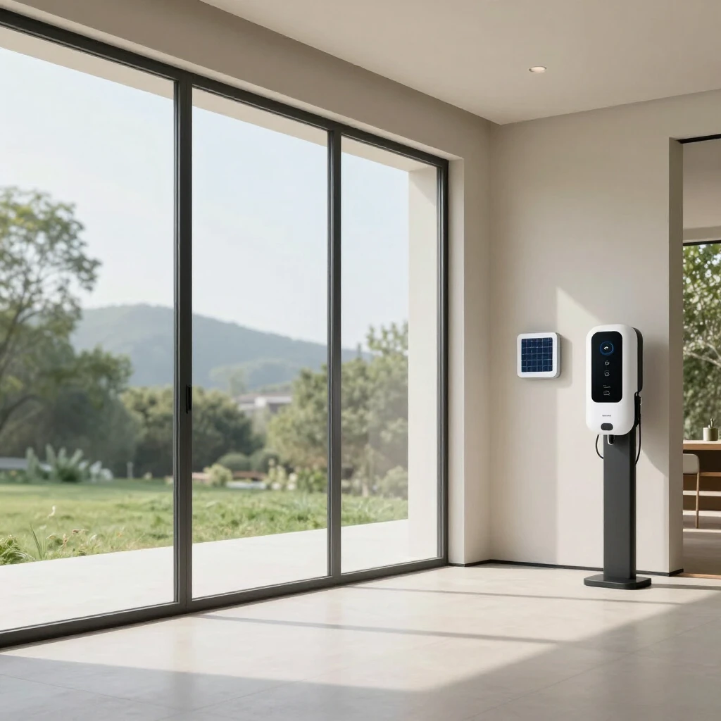 Minimalistisches modernes Wohnzimmer mit großen Fenstern, natürlichem Licht und solarbetriebenen Geräten