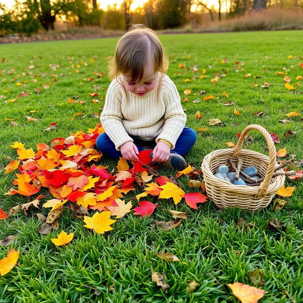 Ein Kind sitzt auf einer Wiese, umgeben von bunten Herbstblättern, und legt sie in ein kreatives Muster, mit einem Korb voller Stöcke und Steine neben sich, bei warmem Sonnenuntergangslicht.