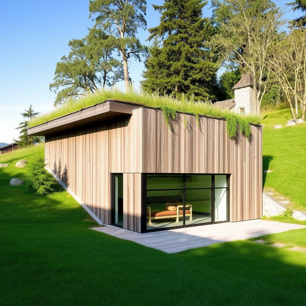 Ein nachhaltiges minimalistisches Haus in der Schweiz, eingebettet in einen Hügel mit begrüntem Dach.