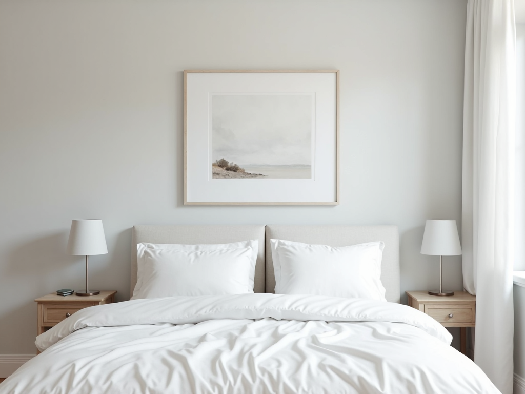 Ein Schlafzimmer mit hellgrauer minimalistischer Tapete, einem Bett mit weißer Bettwäsche und einem abstrakten Kunstwerk an der Wand.