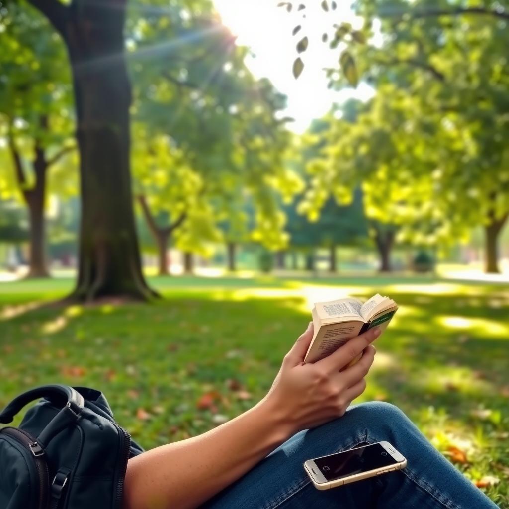 Eine Person sitzt entspannt in einem Park, liest ein Buch unter einem Baum, während ihr ausgeschaltetes Smartphone in einer Tasche liegt.