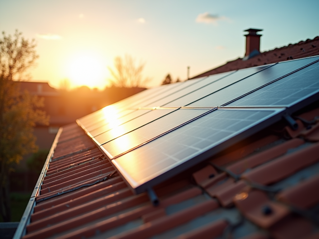 Eine Solarpanel-Installation auf dem Dach eines Hauses, mit der Sonne, die hell im Hintergrund scheint.