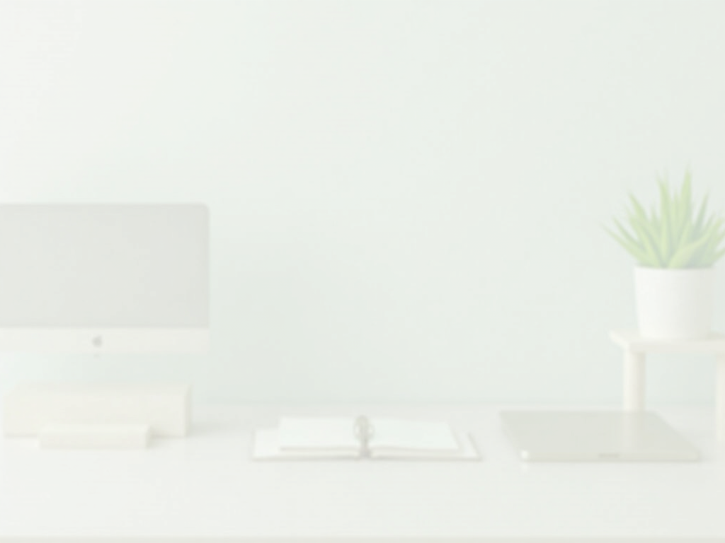 Ein minimalistischer Arbeitsplatz mit einem sauberen Schreibtisch, einem Laptop, einem Notizbuch und einer einzelnen Pflanze.