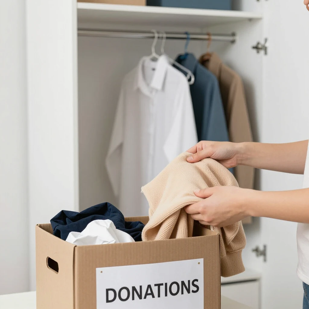Eine Person räumt ihren Kleiderschrank aus und sortiert Kleidung für die Spende, im Hintergrund ein ordentlicher minimalistischer Schrank