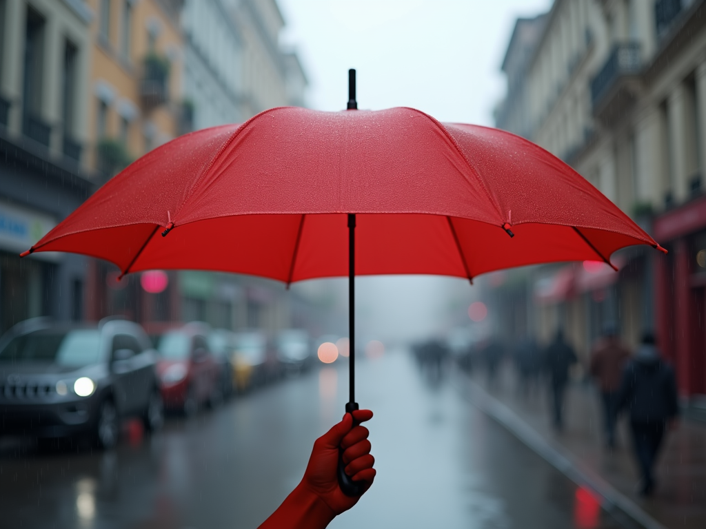 Ein roter Regenschirm vor grauem Regenwetter, das einzige farbige Element im minimalistischen Stil.