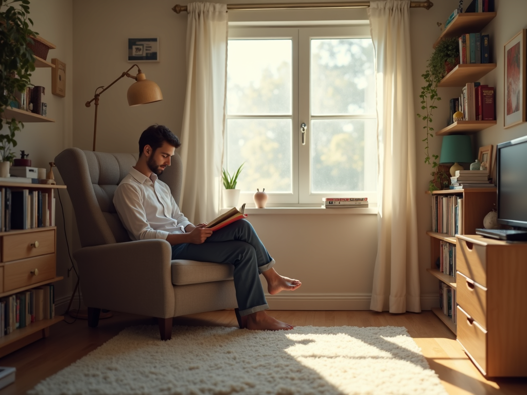 Eine Person liest ein Buch in einem aufgeräumten, minimalistischen Raum mit Sonnenlicht, das durch das Fenster fällt.