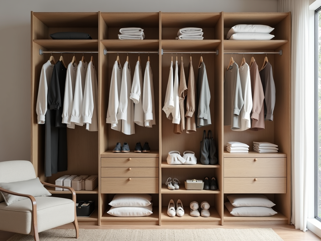 Minimalistischer Kleiderschrank mit neutralen Farben