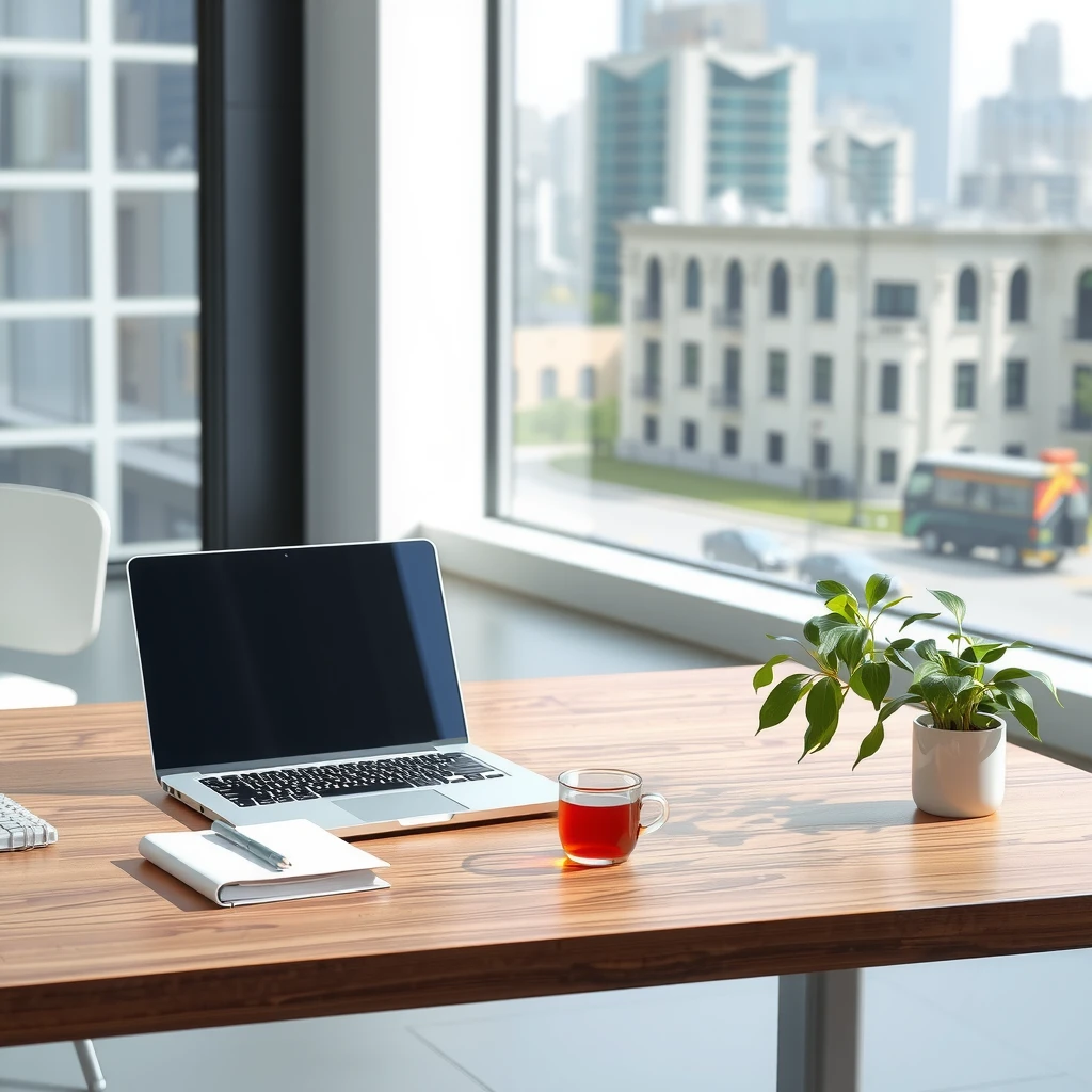 Minimalistisches Büro mit aufgeräumtem Schreibtisch