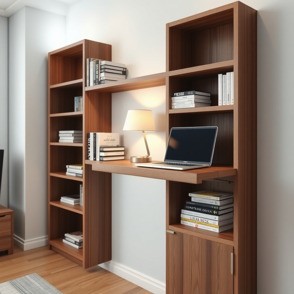 Multifunktionales Wandregal mit ausziehbarem Schreibtisch in minimalistischer Wohnung