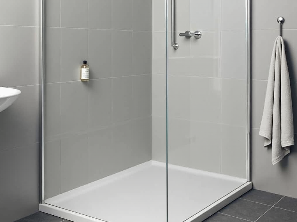 Eine minimalistische Badezimmerecke mit einer schlichten Dusche, einer einzelnen Glasflasche Shampoo und einem hängenden Handtuch. Das Design ist einfach mit grauen Fliesen und modernem Look.