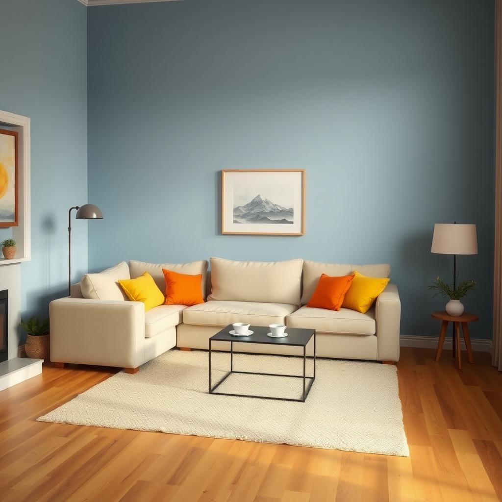 Gemütliches Wohnzimmer mit blauen Wänden, beigem Sofa, warmem Holzboden und bunten Kissen in Orange und Gelb, beleuchtet von sanftem Abendlicht.