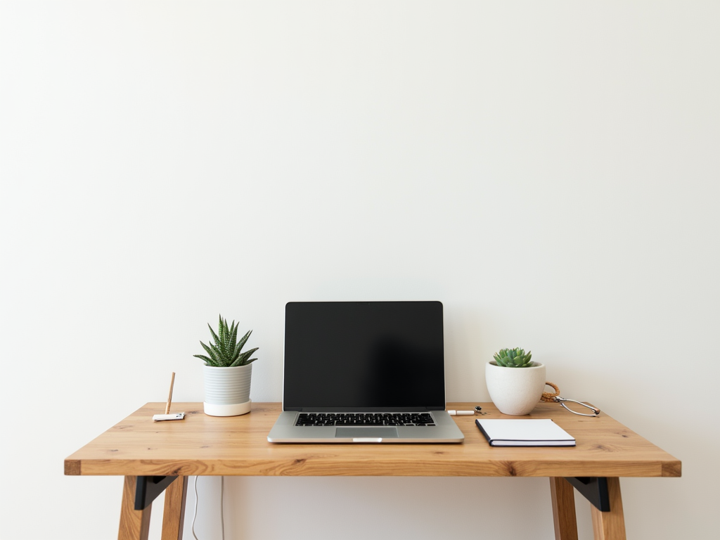 Ein minimalistischer Arbeitsplatz mit einem schlichten Holztisch, einem Laptop, einem Notizbuch und einer kleinen Sukkulente, vor einer weißen Wand.