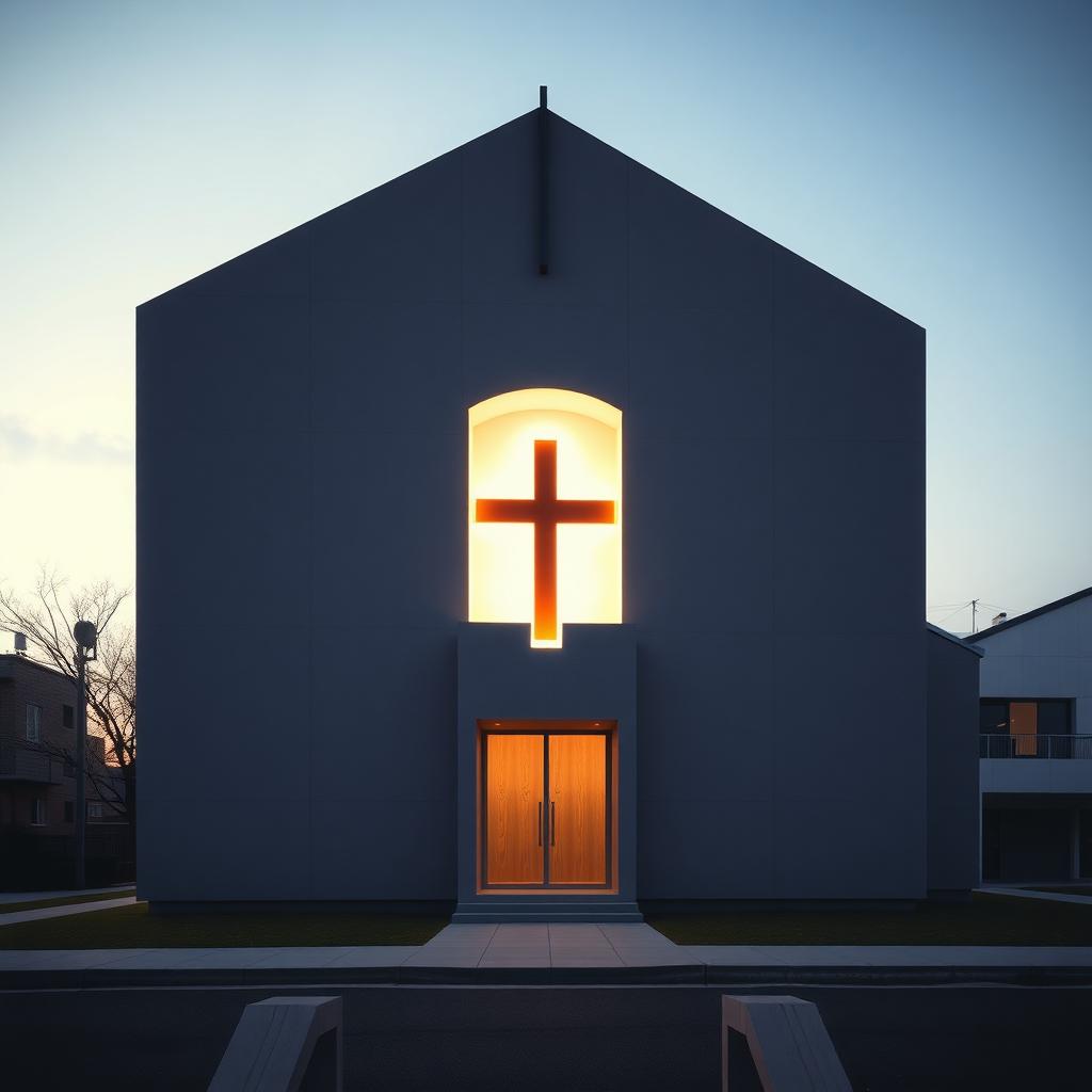 Kirche des Lichts von Tadao Ando in Osaka mit minimalistischem Betonbau und leuchtendem Kreuz in der Wand bei Dämmerung.