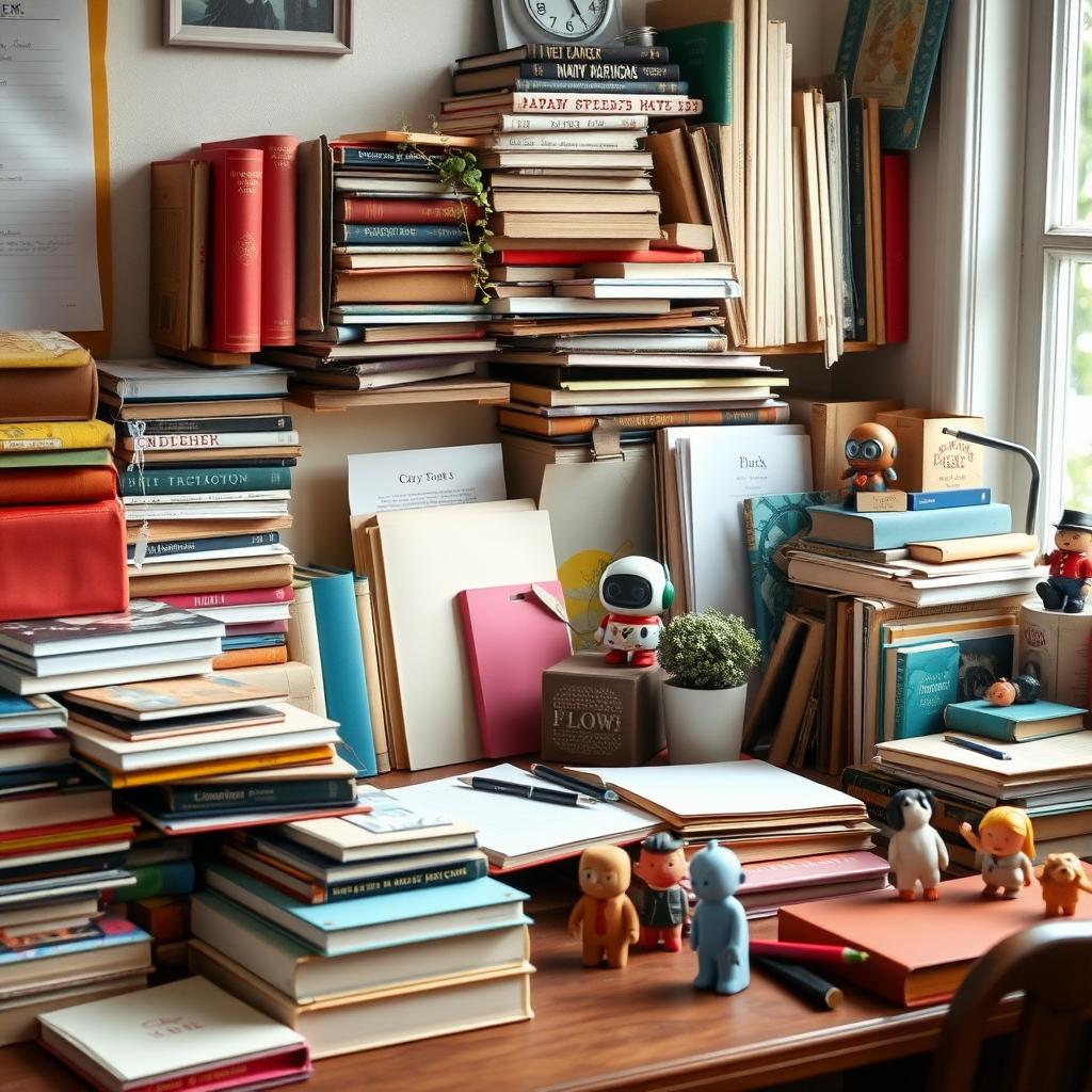 Ein vollgestellter, aber organisierter Schreibtisch mit vintage Büchern, bunter Schreibware, einer kleinen Topfpflanze und skurrilen Figuren, arrangiert in einem ansprechenden maximalistischen Stil bei weichem natürlichem Licht.