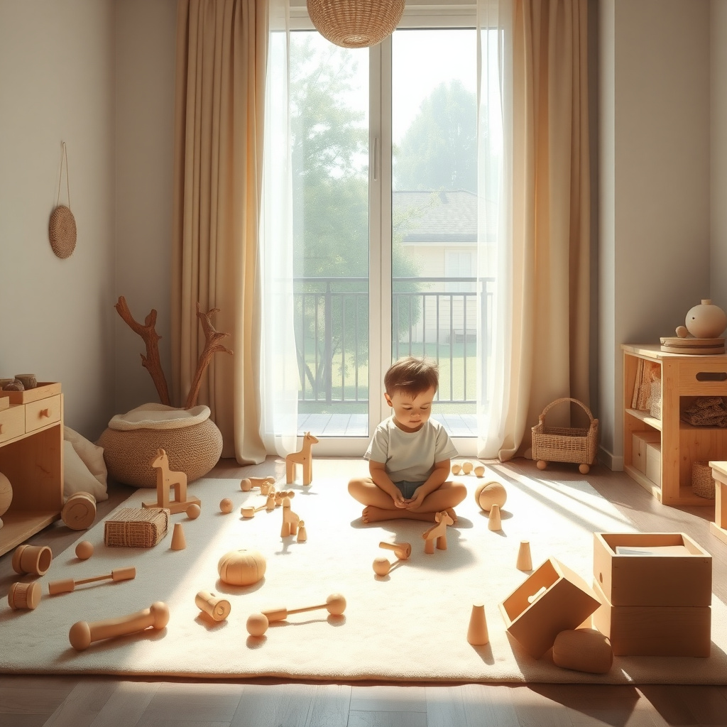 Ein minimalistisches Kinderzimmer mit wenigen Spielzeugen und natürlichem Licht.