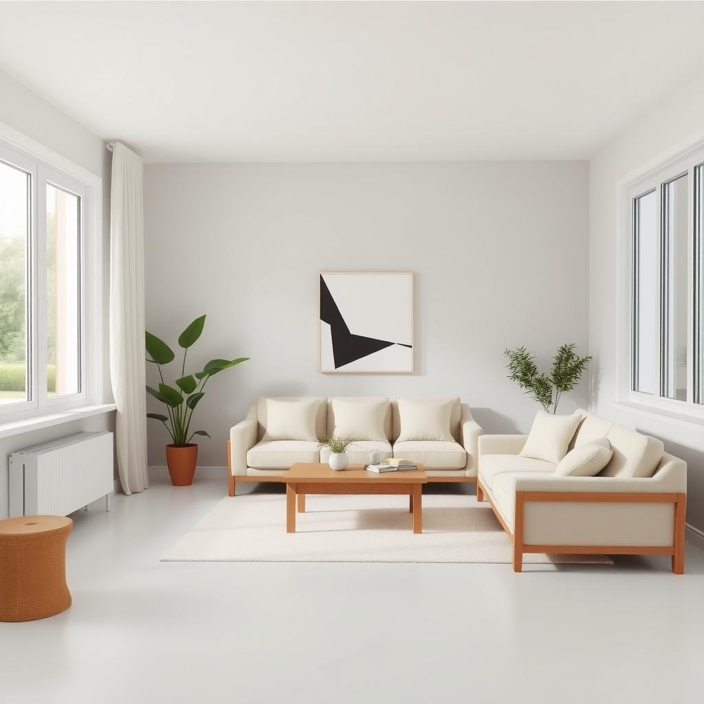 Ein minimalistisches Wohnzimmer mit neutralen Farben, einfachem Sofa, Holztisch und einem abstrakten Wandbild in Schwarz-Weiß.
