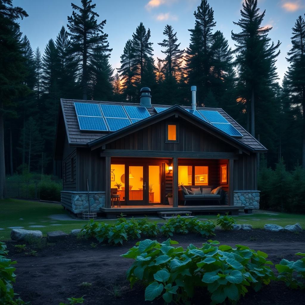 Eine gemütliche Öko-Lodge im Wald aus Holz und Stein, mit Solarzellen auf dem Dach und einem kleinen Gemüsegarten im Vordergrund.