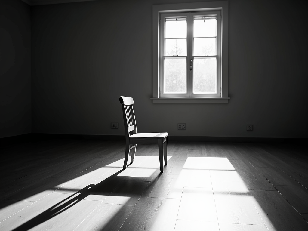Ein einzelner Stuhl in einem leeren Raum mit Licht, das durch ein Fenster fällt.