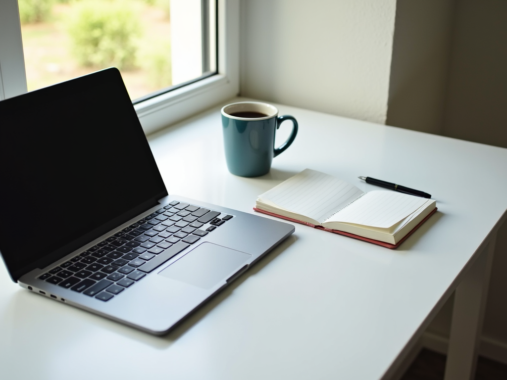 Ein aufgeräumter Schreibtisch mit Laptop, Notizbuch und Kaffeetasse.