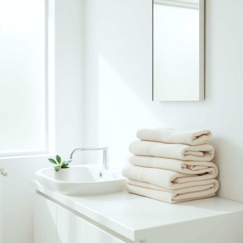 Minimalistisches Badezimmer mit wiederverwendbaren Baumwollhandtüchern und natürlichem Licht.