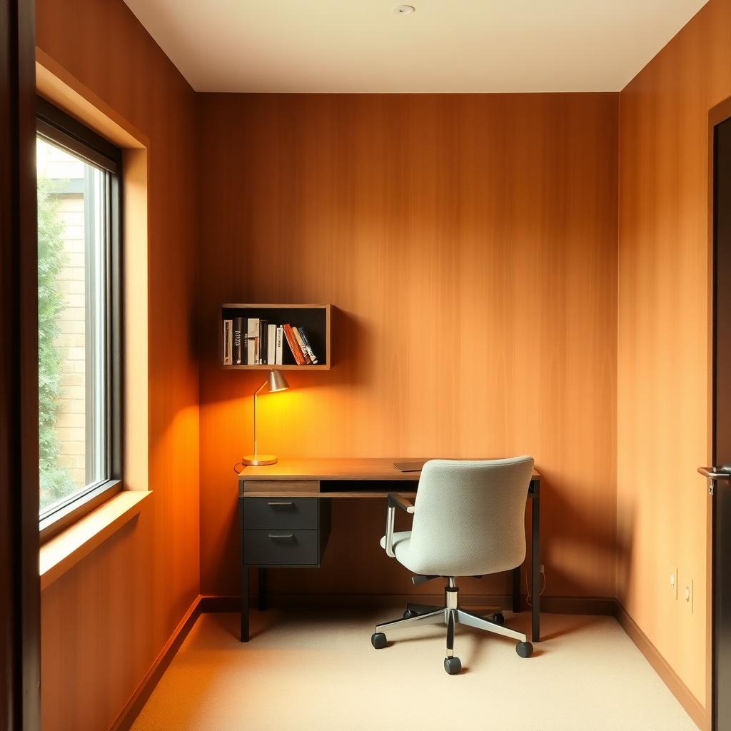 Gemütliche Büroecke mit einem kleinen Schreibtisch, einem bequemen Stuhl, einer warmen Wand und einer Tageslichtlampe.