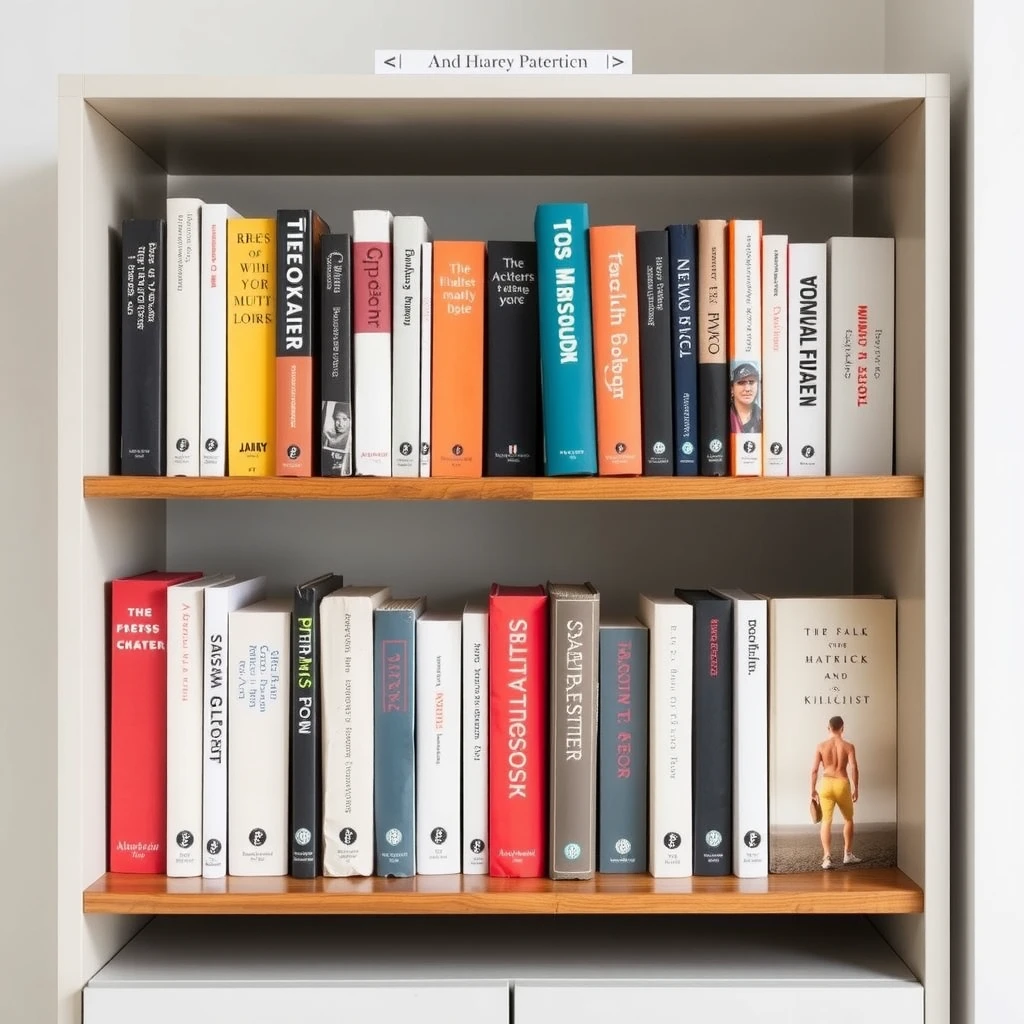 Ein ordentliches Bücherregal mit nur 10-15 ausgewählten Büchern in einem hellen, minimalistisch eingerichteten Raum