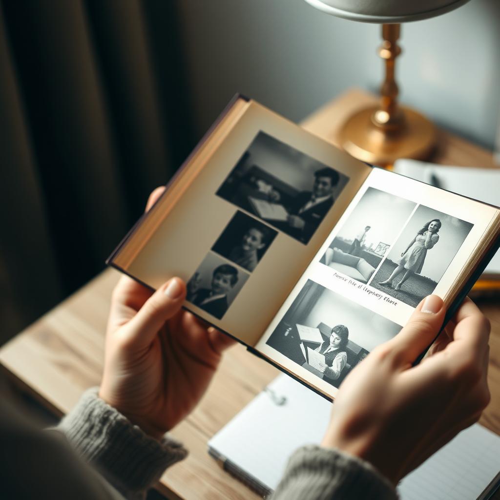 Hände halten ein altes Fotoalbum mit Schwarz-Weiß-Fotos, im Hintergrund ein gemütlicher Schreibtisch mit Lampe und Notizbuch.