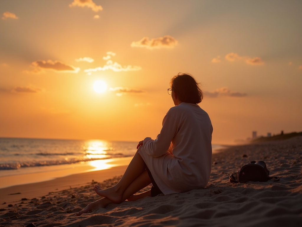 Eine Person genießt einen Sonnenuntergang am Strand mit minimalen Besitztümern.