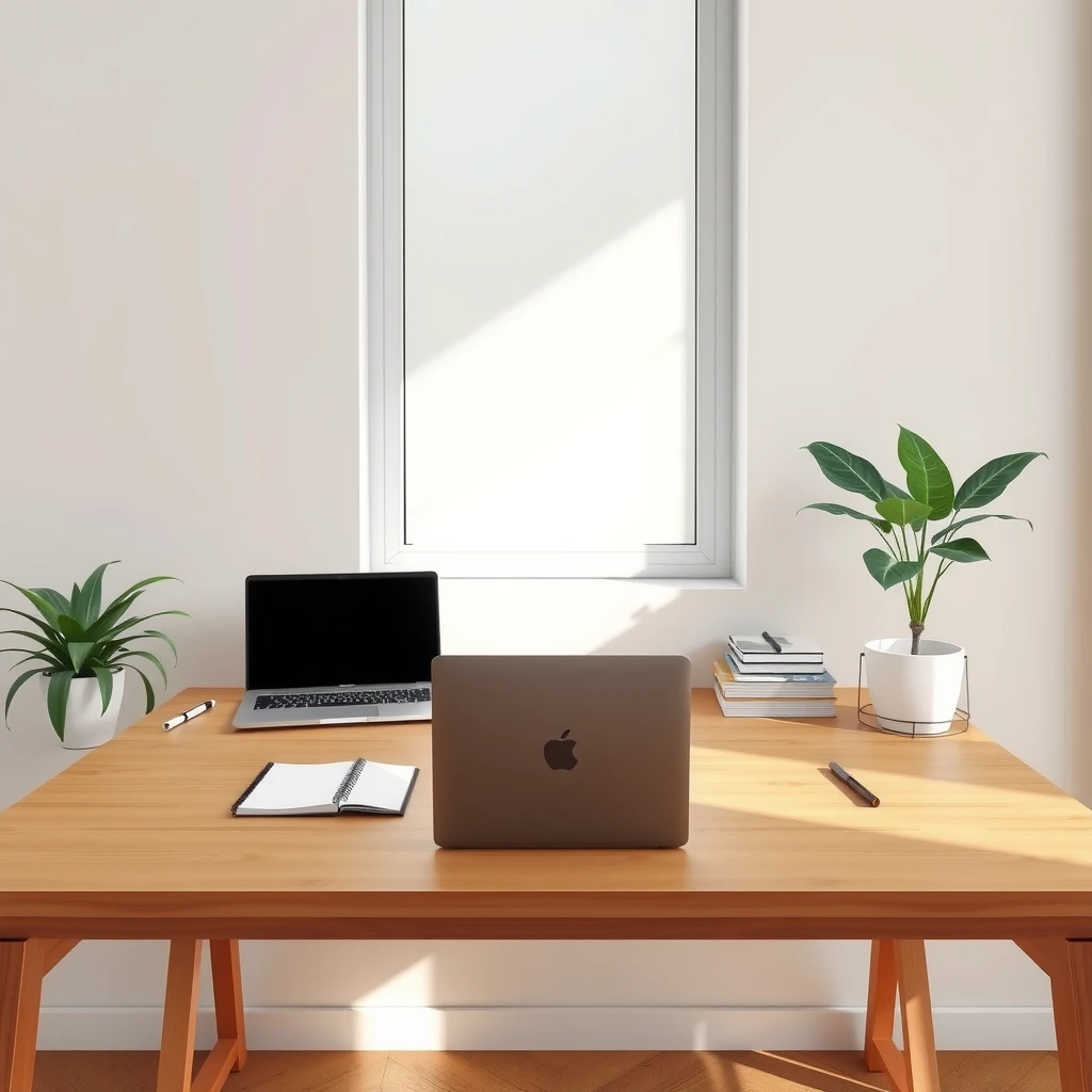 Ein sauberer, minimalistischer Arbeitsplatz mit Holztisch, Laptop, Notizbuch, einer Pflanze und natürlichem Licht – ruhige und fokussierte Atmosphäre