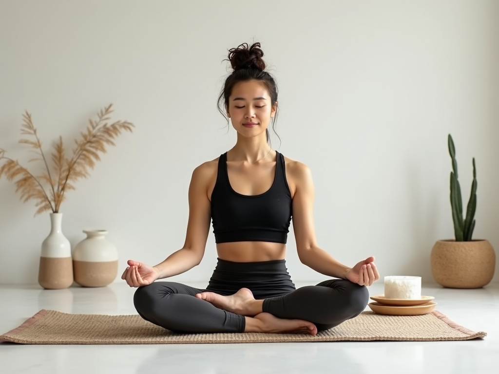 Eine Person, die in einer minimalistischen Umgebung meditiert, um Stress abzubauen.