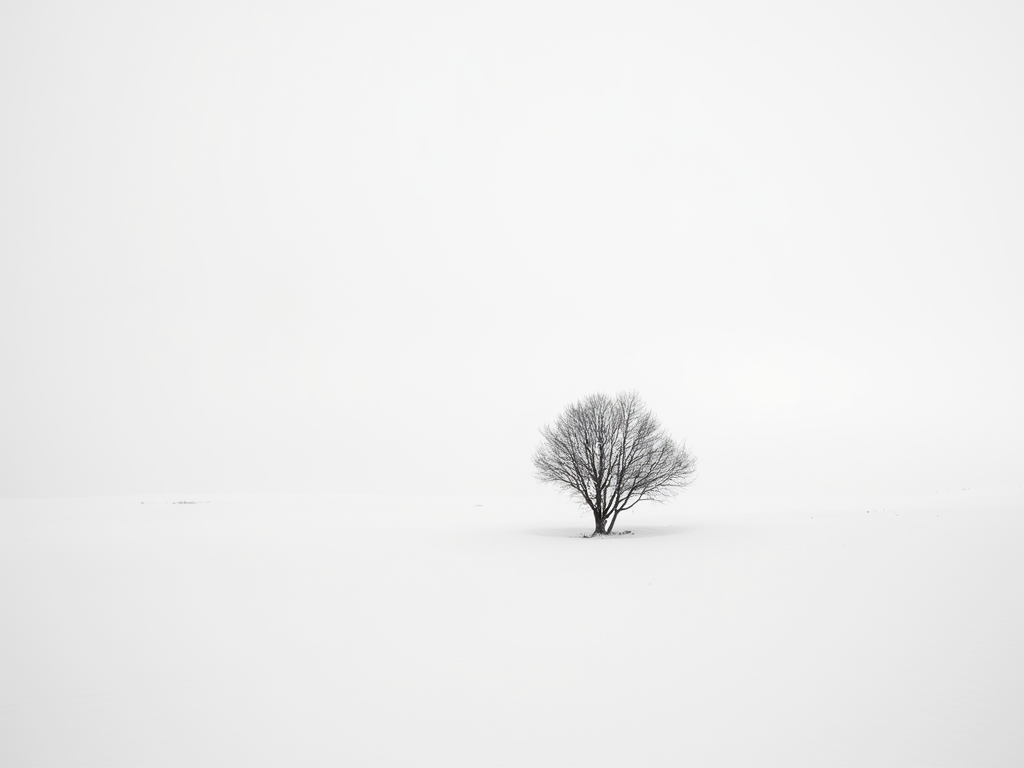 Schwarz-Weiß-Fotografie eines einzelnen Baumes in einem verschneiten Feld, wobei die weite Fläche des weißen Schnees als negativer Raum dient.