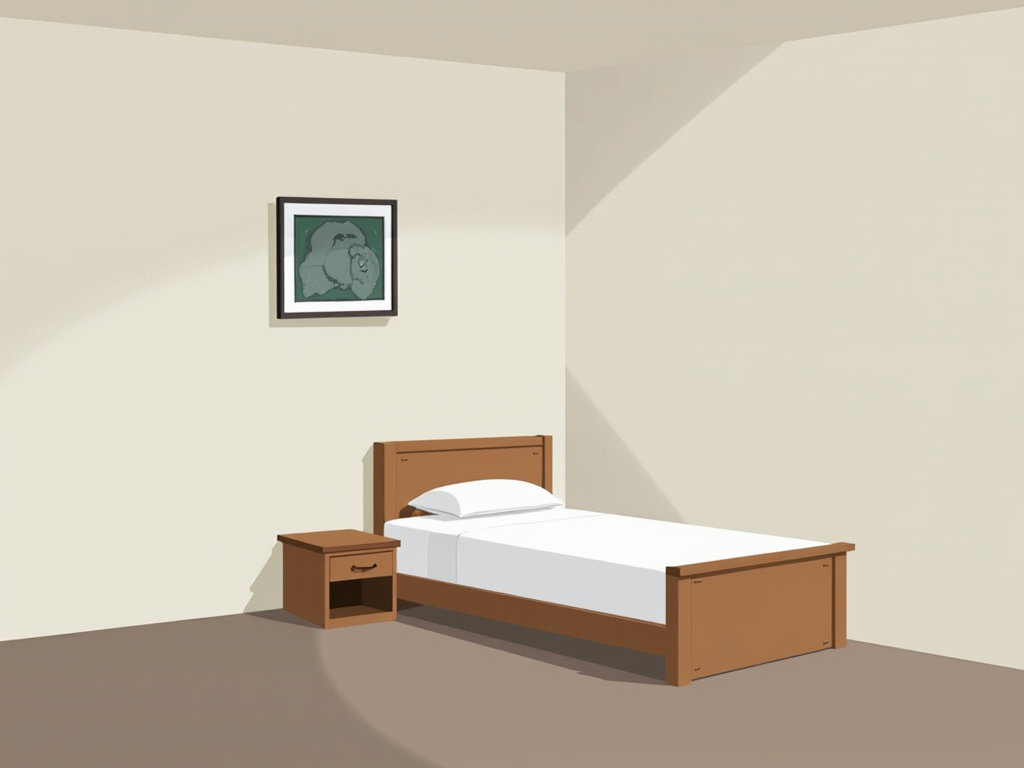 Ein ordentliches Schlafzimmer mit einem einfachen Bett und minimaler Dekoration.