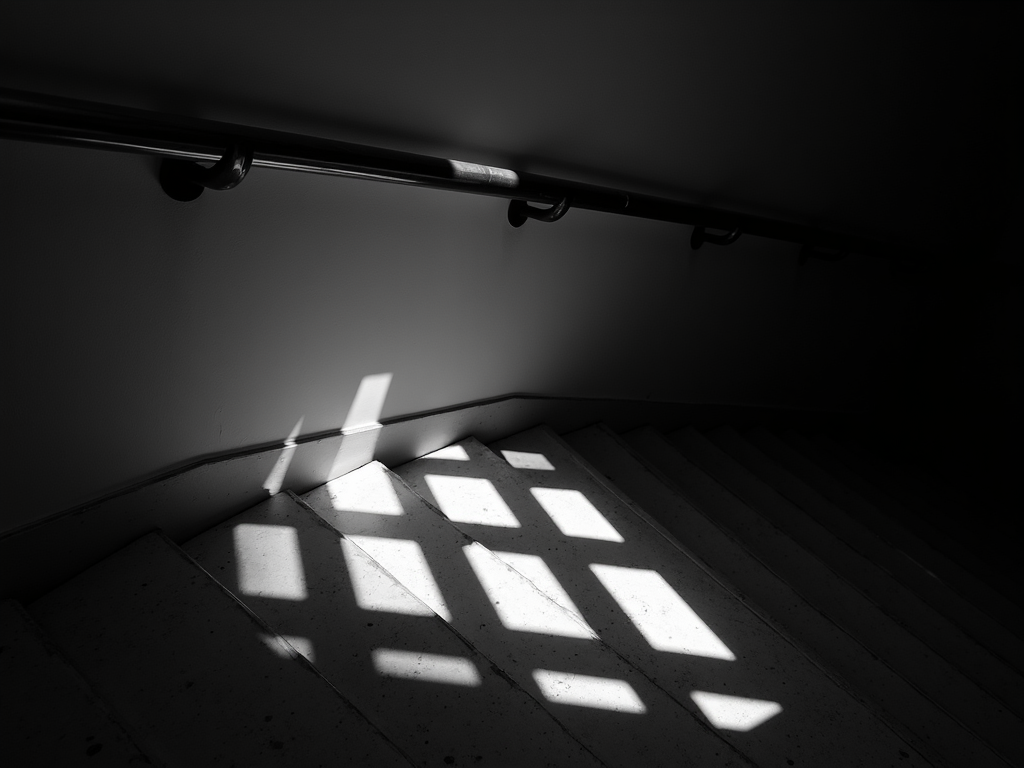 Schwarz-Weiß-Bild einer Treppe mit starken, geometrischen Schatten