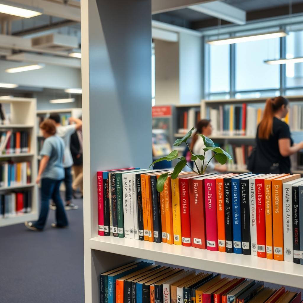 Ein ordentlich organisiertes Bibliotheksregal mit einer kleinen Auswahl an Büchern, farblich und nach Größe sortiert, in einer hellen Bibliothek.