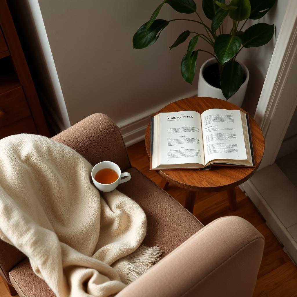 Eine gemütliche Leseecke mit einem bequemen Sessel, einem kleinen Holztisch mit einer Teetasse und einem offenen Minimalismus-Buch. Eine weiche Decke liegt über dem Sessel, und eine Topfpflanze sorgt für Grün. Die Szene ist warm und einladend beleuchtet.