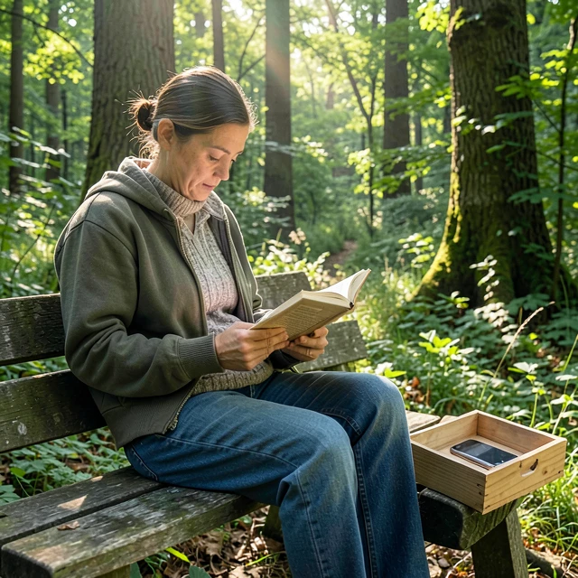 Person genießt einen digitalfreien Moment in der Natur mit einem Buch