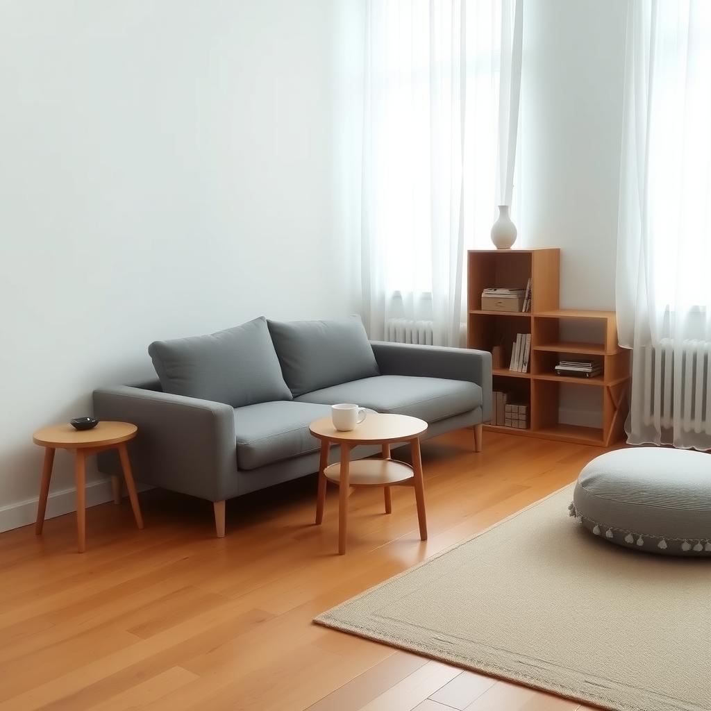 Ein minimalistisches Wohnzimmer mit einem grauen Sofa, einem kleinen Holztisch und einem Regal mit wenigen Büchern und einer Vase, beleuchtet durch weiche weiße Vorhänge.