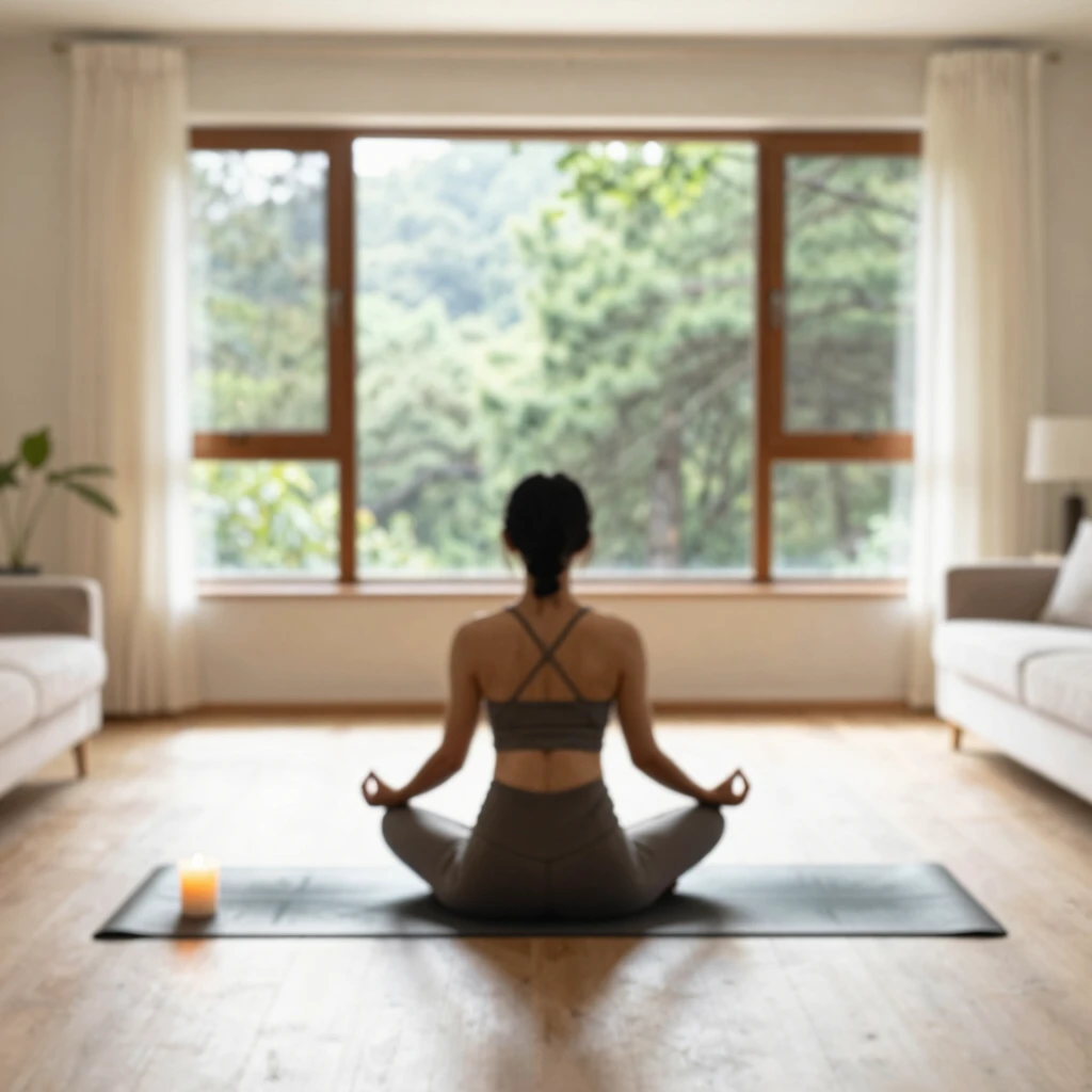 Eine Person meditiert in einem minimalistischen Wohnzimmer mit Blick in die Natur.