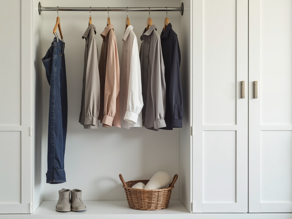 Ein übersichtlicher Kleiderschrank mit wenigen, neutralen Kleidungsstücken.