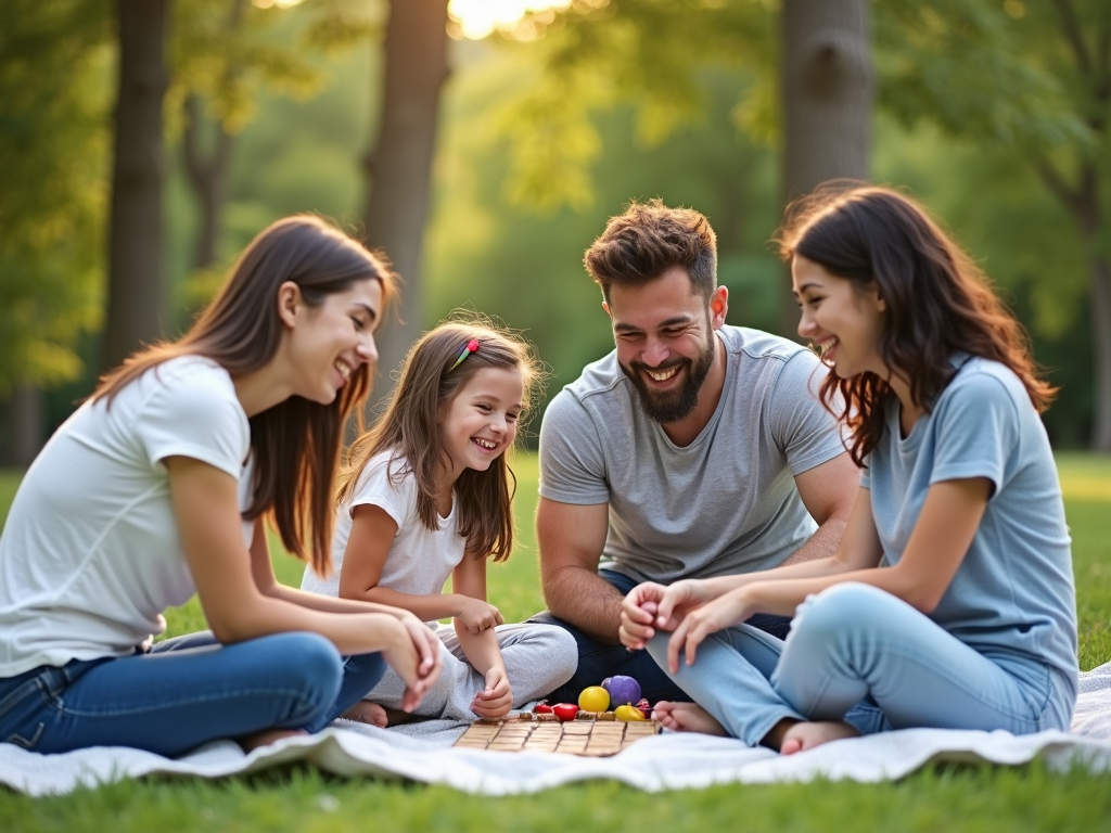 Familie genießt gemeinsame Zeit beim Picknick im Park.