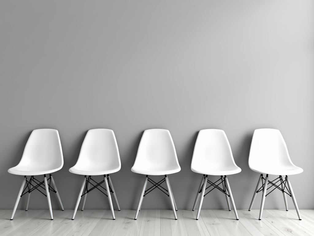 Fünf weiße Stühle an einer grauen Wand, ein Beispiel für Wiederholung in der minimalistischen Fotografie.