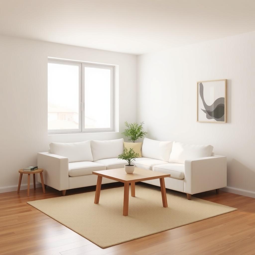 Ein minimalistisches Wohnzimmer mit weißem Sofa, kleinem Holztisch und einer Topfpflanze in der Ecke, hell erleuchtet durch ein großes Fenster.