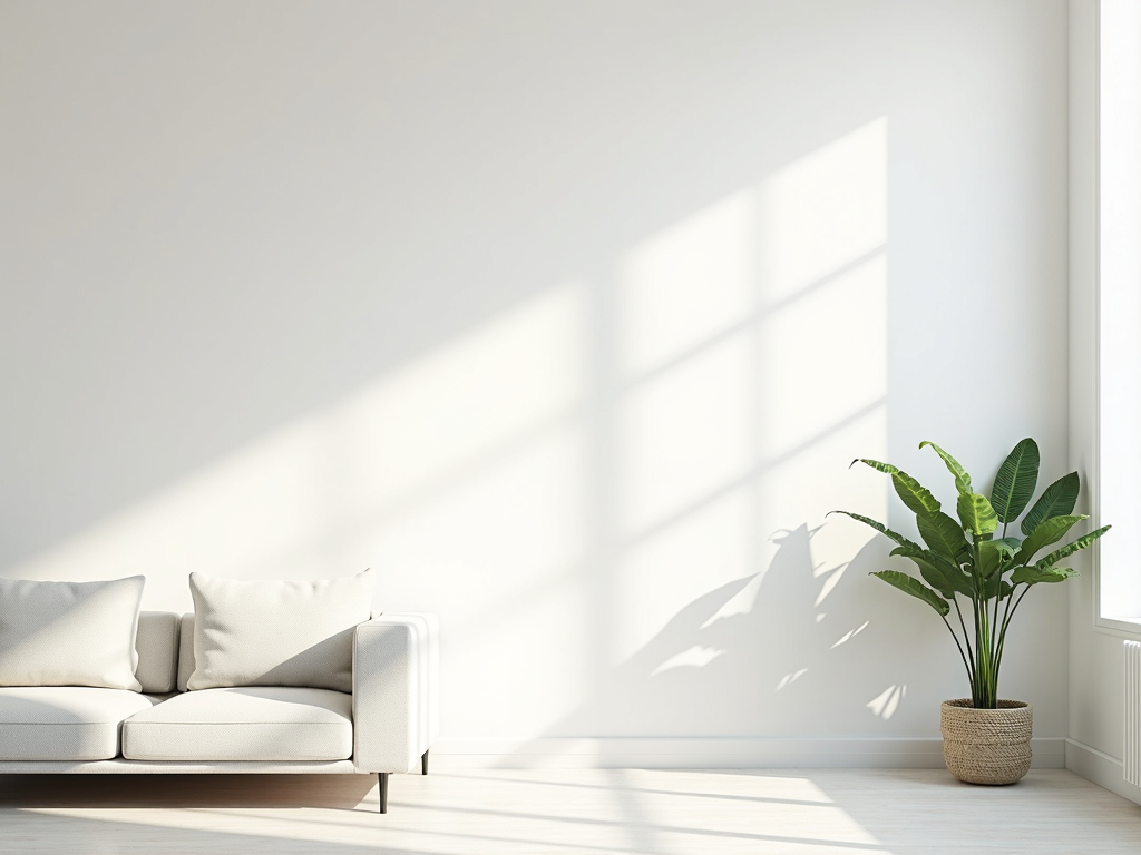 Ein minimalistisches Wohnzimmer mit weißen Wänden, einem einfachen Sofa und natürlichem Licht.