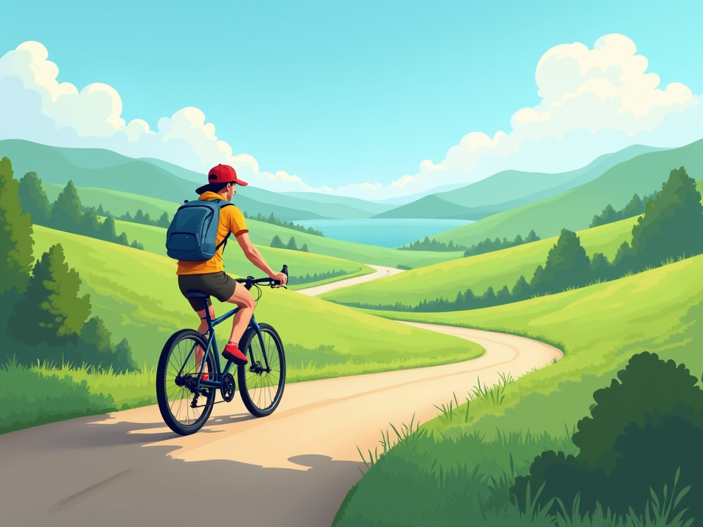 Ein Reisender fährt mit dem Fahrrad durch eine ruhige Landschaft mit grünen Hügeln.