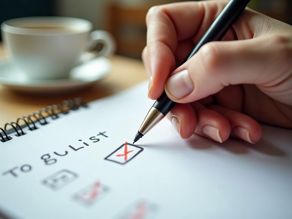Eine Hand streicht eine Aufgabe von einer To-Do-Liste, neben einer Tasse Tee