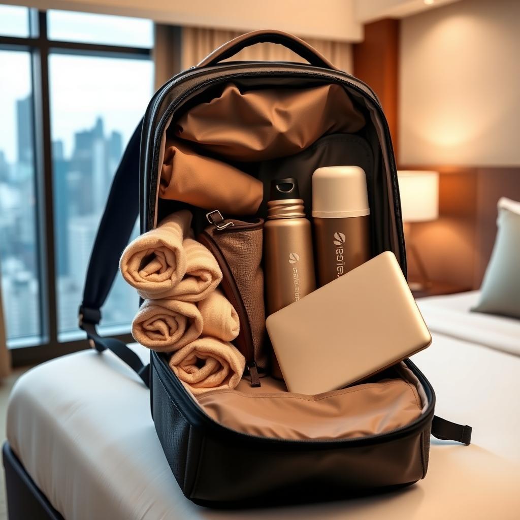 Ein geöffneter Handgepäckrucksack mit ordentlich gepackter Kleidung, einer Wasserflasche und einem Laptop in einem gemütlichen Hotelzimmer.